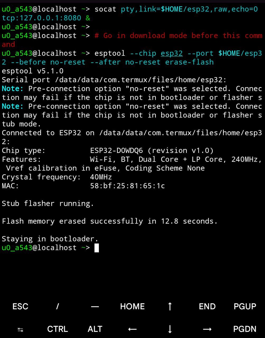Screenshot of Termux showing the socat and erase commands